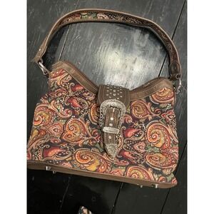 Montana West Paisley Western Hobo Bag Rhinestone Buckle Studded Brown Canvas